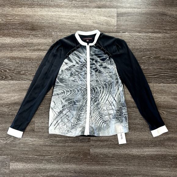 Marchesa Voyage 100% Silk Graphic Print Blouse Sz 4 Black White Long Sleeve VGUC - Picture 1 of 11